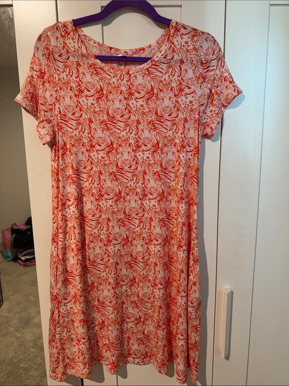 Orange Tiger Print Short-Sleeve Midi Dress